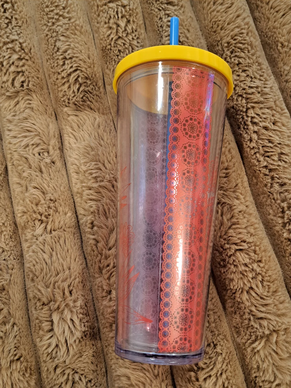 Starbucks Yellow Lid Clear Tumbler with Blue Straw and Red Insert